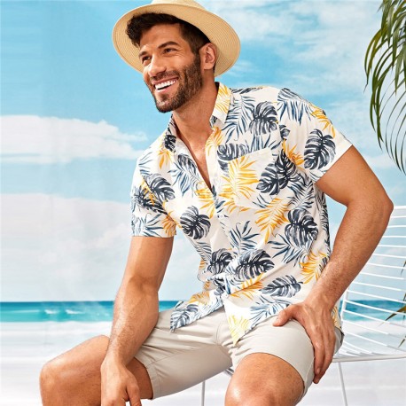 Camisa Social Florada Moda Praia Verão Bolso Botão Manga Curta Estilo  Casual Masculino