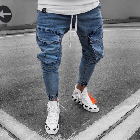 Calça Jeans Fino Jogger Hyper Moderna Estilo Hip Hop Bolso Lateral Elástica  Masculina