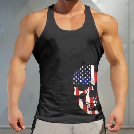 Camiseta Regata Estampada Caveira Bandeira Americana Esportivo Fitness Moda Masculina