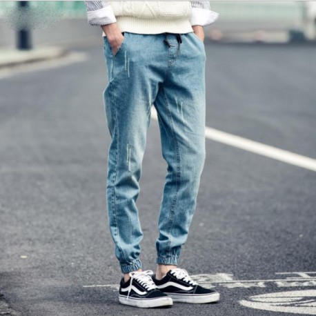 Calça Jeans Fino Jogger Harém com Rasgos Puidos Estilo Hip Hop Moda Hyper Cintura Elástica Masculino