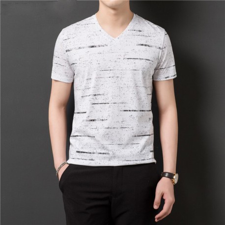 Camiseta Listrado Estilo Streetwear Gola V Moderna Moda Outono Elegante Confortável Masculino